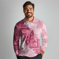 Bula Fiji Plumeria Tagimoucia Salusalu Pink Long Sleeve Polo Shirt Kaiviti Masi - Polynesian Pride