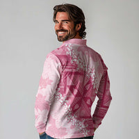 Bula Fiji Plumeria Tagimoucia Salusalu Pink Long Sleeve Polo Shirt Kaiviti Masi - Polynesian Pride