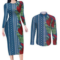 Women's Day Samoa Malu Tattoo Inspired Mix Teuila Couples Matching Long Sleeve Bodycon Dress and Long Sleeve Button Shirt Royal Blue