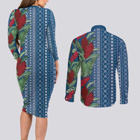 Women's Day Samoa Malu Tattoo Inspired Mix Teuila Couples Matching Long Sleeve Bodycon Dress and Long Sleeve Button Shirt Royal Blue