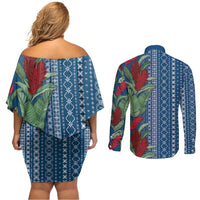 Women's Day Samoa Malu Tattoo Inspired Mix Teuila Couples Matching Off Shoulder Short Dress and Long Sleeve Button Shirt Royal Blue LT7 - Polynesian Pride