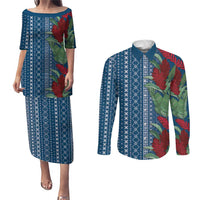 Women's Day Samoa Malu Tattoo Inspired Mix Teuila Couples Matching Puletasi and Long Sleeve Button Shirt Royal Blue