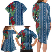 Women's Day Samoa Malu Tattoo Inspired Mix Teuila Family Matching Long Sleeve Bodycon Dress and Hawaiian Shirt Royal Blue
