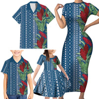 Women's Day Samoa Malu Tattoo Inspired Mix Teuila Family Matching Short Sleeve Bodycon Dress and Hawaiian Shirt Royal Blue