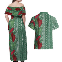 Women's Day Samoa Malu Tattoo Inspired Mix Teuila Couples Matching Off Shoulder Maxi Dress and Hawaiian Shirt Sage Green