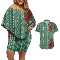 Women's Day Samoa Malu Tattoo Inspired Mix Teuila Couples Matching Off Shoulder Short Dress and Hawaiian Shirt Sage Green