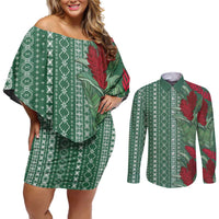 Women's Day Samoa Malu Tattoo Inspired Mix Teuila Couples Matching Off Shoulder Short Dress and Long Sleeve Button Shirt Sage Green