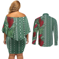 Women's Day Samoa Malu Tattoo Inspired Mix Teuila Couples Matching Off Shoulder Short Dress and Long Sleeve Button Shirt Sage Green