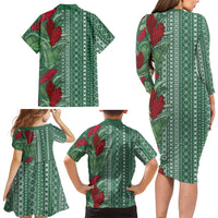 Women's Day Samoa Malu Tattoo Inspired Mix Teuila Family Matching Long Sleeve Bodycon Dress and Hawaiian Shirt Sage Green