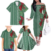 Women's Day Samoa Malu Tattoo Inspired Mix Teuila Family Matching Off The Shoulder Long Sleeve Dress and Hawaiian Shirt Sage Green