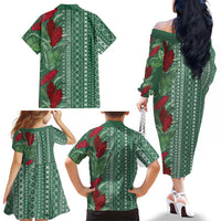 Women's Day Samoa Malu Tattoo Inspired Mix Teuila Family Matching Off The Shoulder Long Sleeve Dress and Hawaiian Shirt Sage Green