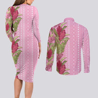 Women's Day Samoa Malu Tattoo Inspired Mix Teuila Couples Matching Long Sleeve Bodycon Dress and Long Sleeve Button Shirt Rose Pink
