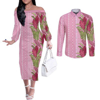 Women's Day Samoa Malu Tattoo Inspired Mix Teuila Couples Matching Off The Shoulder Long Sleeve Dress and Long Sleeve Button Shirt Rose Pink
