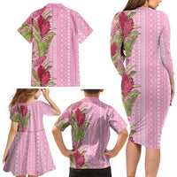 Women's Day Samoa Malu Tattoo Inspired Mix Teuila Family Matching Long Sleeve Bodycon Dress and Hawaiian Shirt Rose Pink