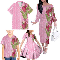 Women's Day Samoa Malu Tattoo Inspired Mix Teuila Family Matching Off The Shoulder Long Sleeve Dress and Hawaiian Shirt Rose Pink