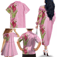 Women's Day Samoa Malu Tattoo Inspired Mix Teuila Family Matching Off The Shoulder Long Sleeve Dress and Hawaiian Shirt Rose Pink