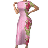 Women's Day Samoa Malu Tattoo Inspired Mix Teuila Short Sleeve Bodycon Dress Rose Pink