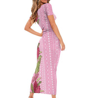 Women's Day Samoa Malu Tattoo Inspired Mix Teuila Short Sleeve Bodycon Dress Rose Pink