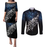 Maori Matariki Couples Matching Puletasi and Long Sleeve Button Shirt Landscape Styled Fern - Galaxy