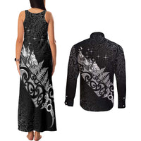 Maori Matariki Couples Matching Tank Maxi Dress and Long Sleeve Button Shirt Landscape Styled Fern - Monochrome