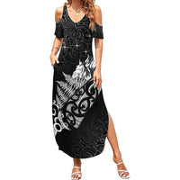 Maori Matariki Family Matching Summer Maxi Dress and Hawaiian Shirt Landscape Styled Fern - Monochrome