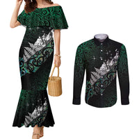 Maori Matariki Couples Matching Mermaid Dress and Long Sleeve Button Shirt Landscape Styled Fern - Paua Shell