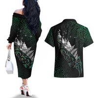 Maori Matariki Couples Matching Off The Shoulder Long Sleeve Dress and Hawaiian Shirt Landscape Styled Fern - Paua Shell