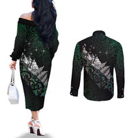 Maori Matariki Couples Matching Off The Shoulder Long Sleeve Dress and Long Sleeve Button Shirt Landscape Styled Fern - Paua Shell
