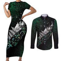 Maori Matariki Couples Matching Short Sleeve Bodycon Dress and Long Sleeve Button Shirt Landscape Styled Fern - Paua Shell