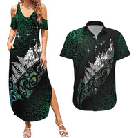 Maori Matariki Couples Matching Summer Maxi Dress and Hawaiian Shirt Landscape Styled Fern - Paua Shell