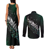 Maori Matariki Couples Matching Tank Maxi Dress and Long Sleeve Button Shirt Landscape Styled Fern - Paua Shell