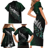Maori Matariki Family Matching Short Sleeve Bodycon Dress and Hawaiian Shirt Landscape Styled Fern - Paua Shell