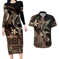 Samoa Manuia le Aso Tuto'atasi Couples Matching Long Sleeve Bodycon Dress and Hawaiian Shirt Siapo Mamanu Mix Tatau Marlin