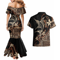 Samoa Manuia le Aso Tuto'atasi Couples Matching Mermaid Dress and Hawaiian Shirt Siapo Mamanu Mix Tatau Marlin