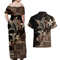 Samoa Manuia le Aso Tuto'atasi Couples Matching Off Shoulder Maxi Dress and Hawaiian Shirt Siapo Mamanu Mix Tatau Marlin