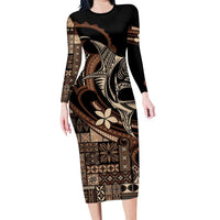 Samoa Manuia le Aso Tuto'atasi Long Sleeve Bodycon Dress Siapo Mamanu Mix Tatau Marlin