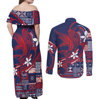 Samoa Manuia le Aso Tuto'atasi Couples Matching Off Shoulder Maxi Dress and Long Sleeve Button Shirt Siapo Mamanu Mix Tatau Marlin - Flag Color