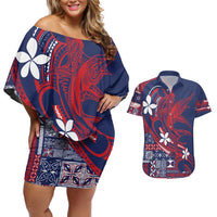 Samoa Manuia le Aso Tuto'atasi Couples Matching Off Shoulder Short Dress and Hawaiian Shirt Siapo Mamanu Mix Tatau Marlin - Flag Color