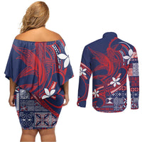 Samoa Manuia le Aso Tuto'atasi Couples Matching Off Shoulder Short Dress and Long Sleeve Button Shirt Siapo Mamanu Mix Tatau Marlin - Flag Color