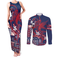 Samoa Manuia le Aso Tuto'atasi Couples Matching Tank Maxi Dress and Long Sleeve Button Shirt Siapo Mamanu Mix Tatau Marlin - Flag Color