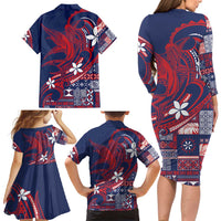 Samoa Manuia le Aso Tuto'atasi Family Matching Long Sleeve Bodycon Dress and Hawaiian Shirt Siapo Mamanu Mix Tatau Marlin - Flag Color