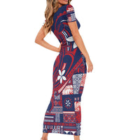 Samoa Manuia le Aso Tuto'atasi Short Sleeve Bodycon Dress Siapo Mamanu Mix Tatau Marlin - Flag Color