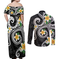Kanaka Maoli Hawaii Plumeria Couples Matching Off Shoulder Maxi Dress and Long Sleeve Button Shirt Dancing Tentacles Black Style LT7 - Polynesian Pride
