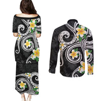 Kanaka Maoli Hawaii Plumeria Couples Matching Puletasi and Long Sleeve Button Shirt Dancing Tentacles Black Style LT7 - Polynesian Pride