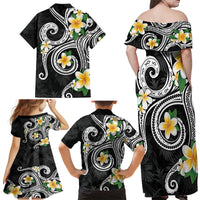 Kanaka Maoli Hawaii Plumeria Family Matching Off Shoulder Maxi Dress and Hawaiian Shirt Dancing Tentacles Black Style LT7 - Polynesian Pride