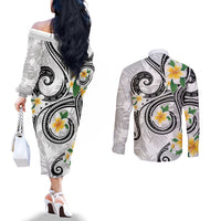 Kanaka Maoli Hawaii Plumeria Couples Matching Off The Shoulder Long Sleeve Dress and Long Sleeve Button Shirt Dancing Tentacles White Style LT7 - Polynesian Pride