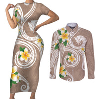 Kanaka Maoli Hawaii Plumeria Couples Matching Short Sleeve Bodycon Dress and Long Sleeve Button Shirt Dancing Tentacles Beige Style LT7 Beige - Polynesian Pride