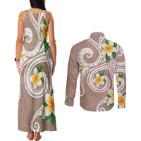Kanaka Maoli Hawaii Plumeria Couples Matching Tank Maxi Dress and Long Sleeve Button Shirt Dancing Tentacles Beige Style LT7 - Polynesian Pride