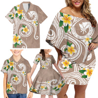 Kanaka Maoli Hawaii Plumeria Family Matching Off Shoulder Short Dress and Hawaiian Shirt Dancing Tentacles Beige Style LT7 - Polynesian Pride