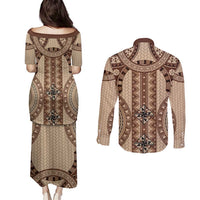 Bula Fiji Vintage Couples Matching Puletasi and Long Sleeve Button Shirt Brown Masi Motifs